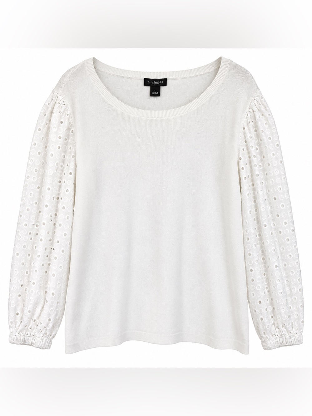 Ann Taylor Factory White Eyelet Sleeve Cotton Sweater Size L 🤍